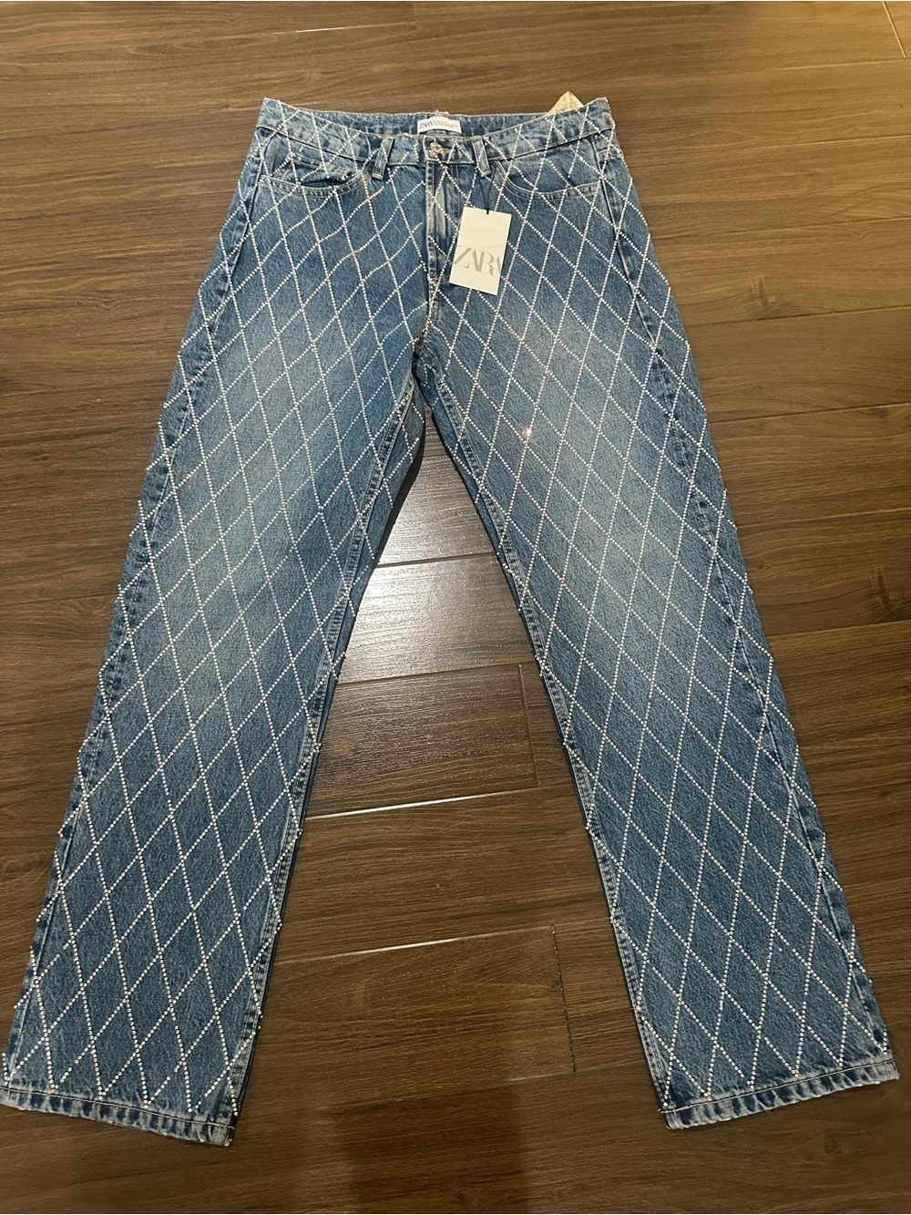 Zara Blue Diamond-Quilted Straight Leg Jeans